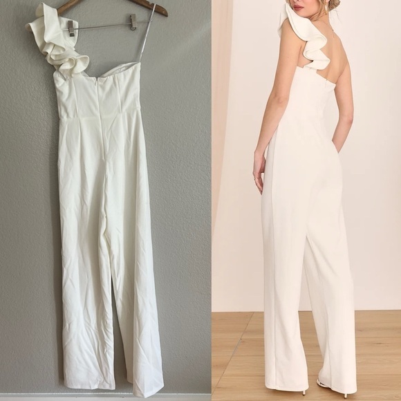 NWOT White One-Shoulder Ruffled Jumpsuit - Picture 3 of 8